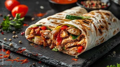Eastern traditional shawarma with chicken and vegetables Doner Kebab with sauces