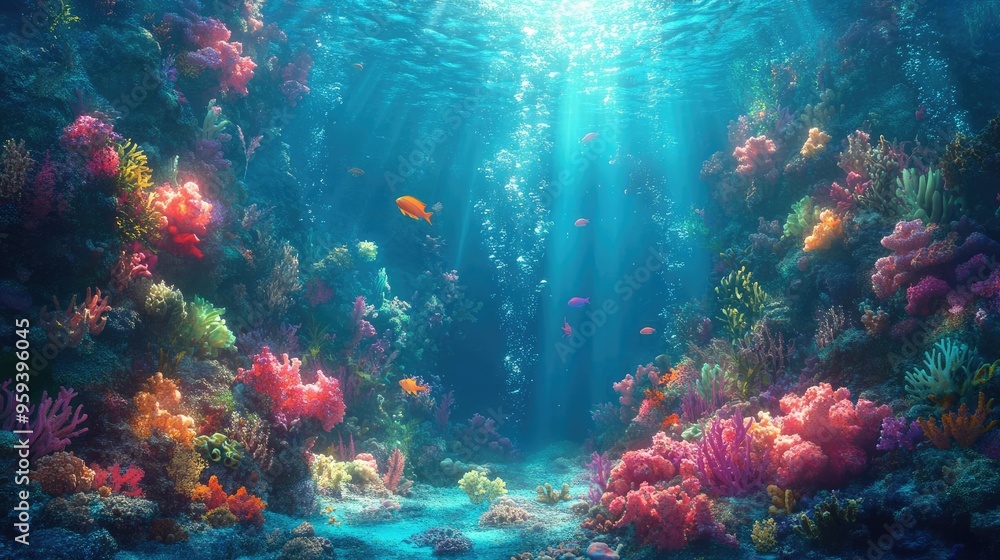 A breathtaking panoramic view blending vibrant fantasy worlds with underwater exploration A breathtaking panoramic view blending vibrant fantasy worlds with underwater exploration