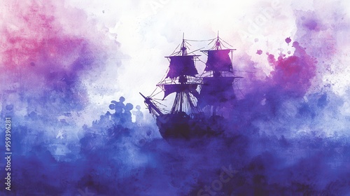 Watercolor Painting of a Sailboat on a Purple Ocean