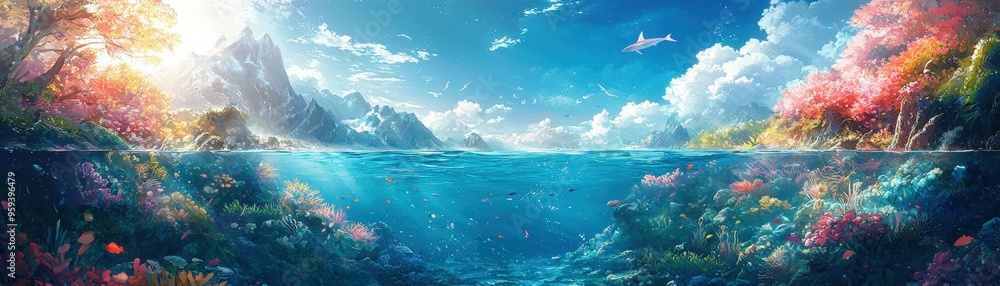 Fototapeta premium Underwater World with Mountain Landscape and Coral Reef