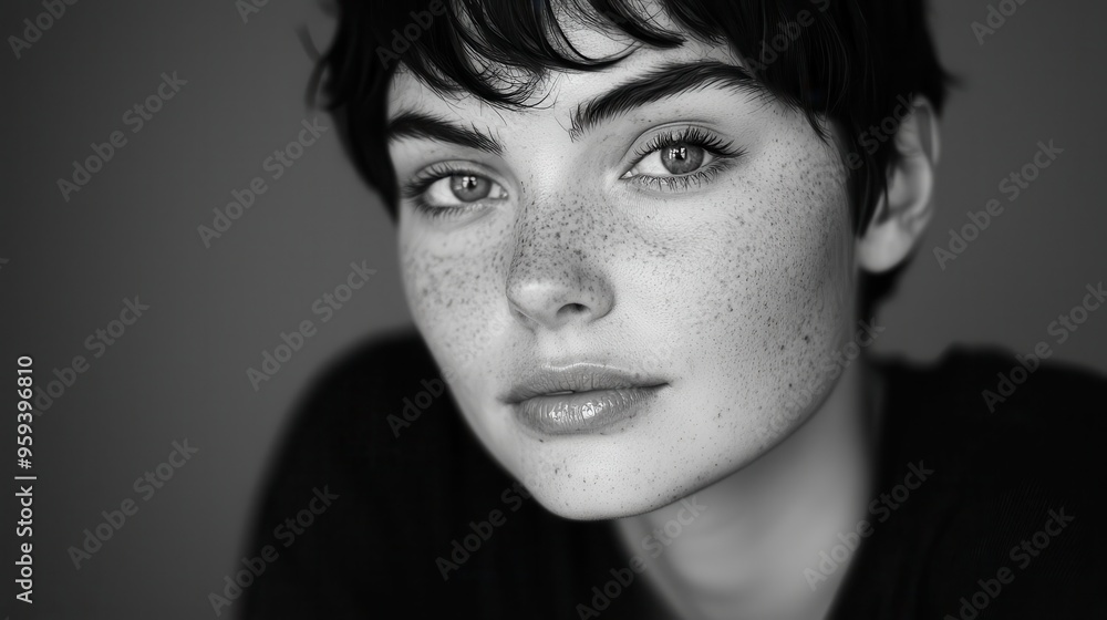 Close up Portrait of a Young Woman with Freckles and Short Hair Close up Portrait of a Young Woman with Freckles and Short Hair