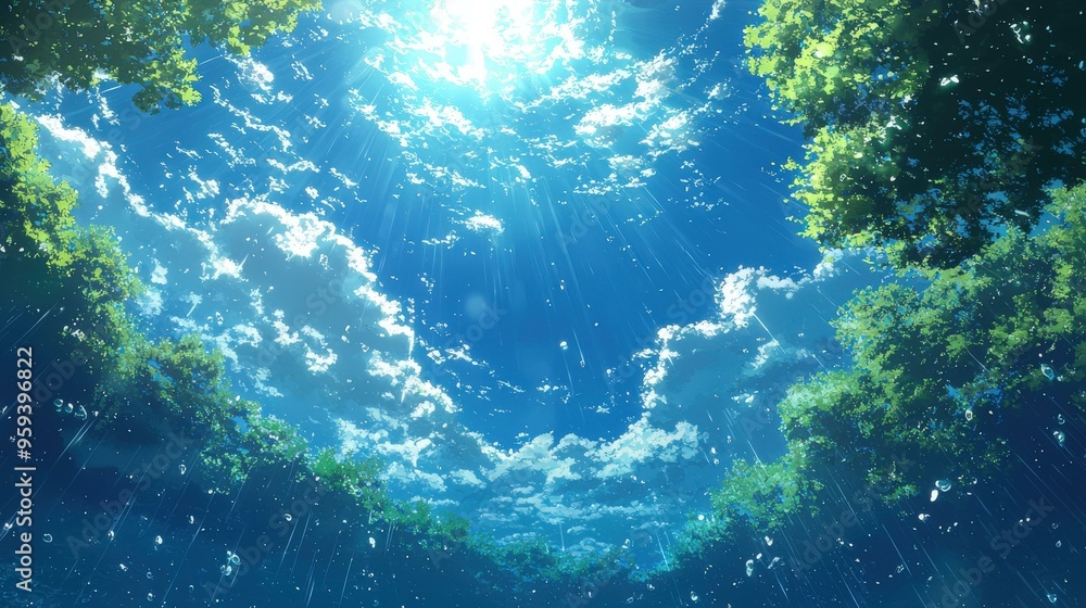 Obraz premium Blue Sky with Clouds, Sunrays and Green Trees