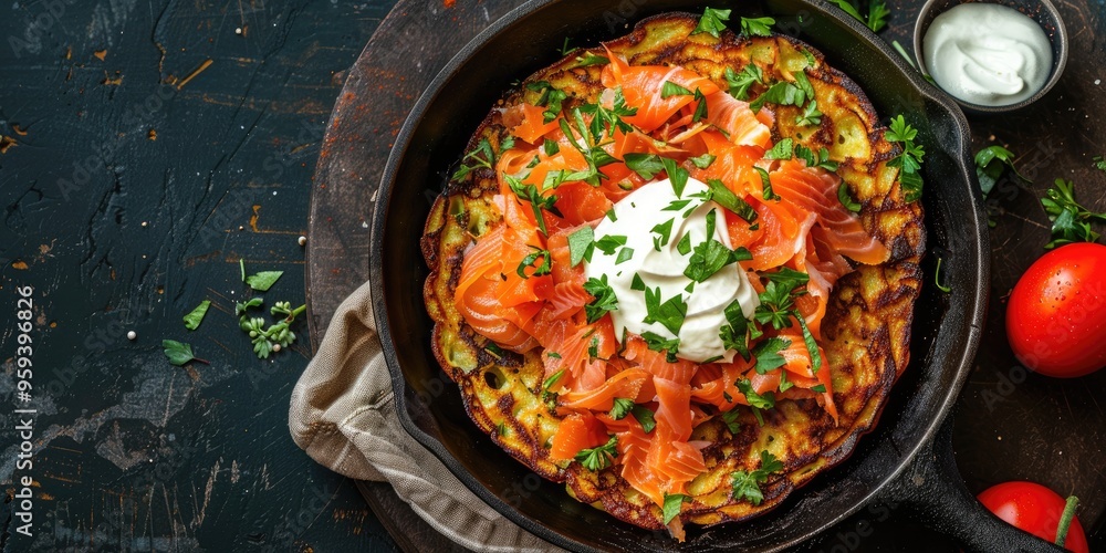 Crispy potato pancake topped with smoked salmon sour cream and fresh green herbs served in a rustic iron skillet Crispy potato pancake topped with smoked salmon sour cream and fresh green herbs served in a rustic iron skillet