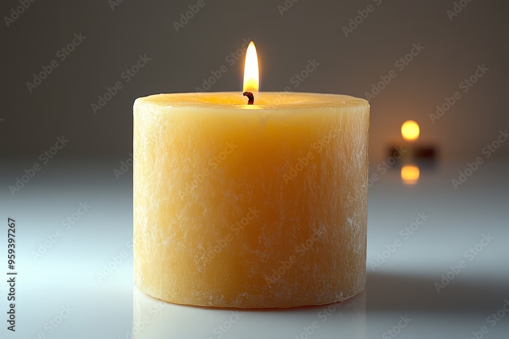 Close-up of a warm, glowing candle on a pristine white background, highlighting its texture and radiance Close-up of a warm, glowing candle on a pristine white background, highlighting its texture and radiance