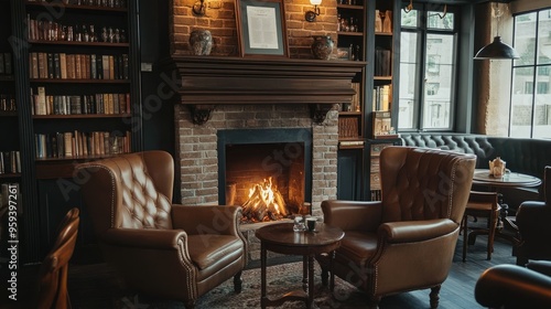 Wallpaper Mural A coffee shop interior with a fireplace and comfortable armchairs Torontodigital.ca