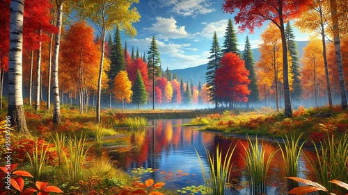 Autumn landscape in the forest water autumn lake river landscape nature tree sky fall forest blue reflection trees. Autumn landscape in the forest pond yellow park beautiful wood calm green clouds.