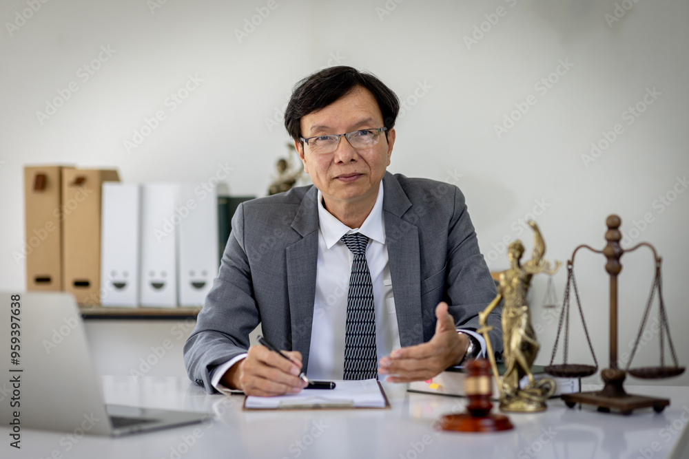 Serious pensive lawyer working at desk in office. Legal law, documents, advice and justice concept. Serious pensive lawyer working at desk in office. Legal law, documents, advice and justice concept.