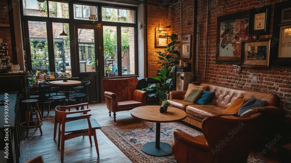 A cozy coffee shop interior with warm lighting and comfortable seating A cozy coffee shop interior with warm lighting and comfortable seating