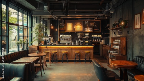 A cozy coffee shop interior with warm lighting and comfortable seating