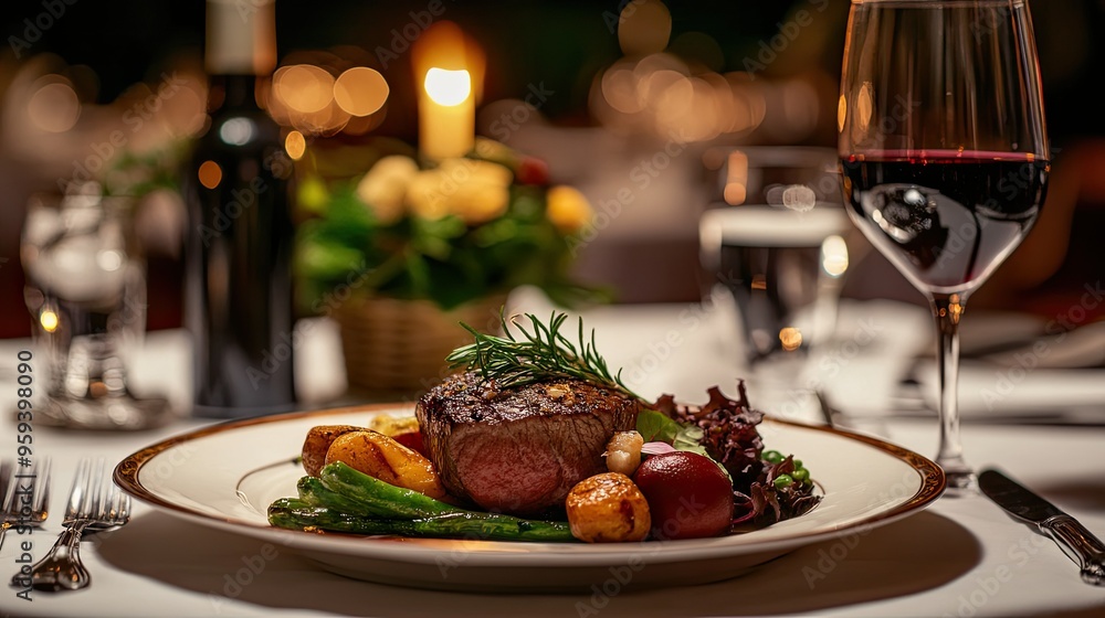 A gourmet meal on a fine china plate, with wine glasses A gourmet meal on a fine china plate, with wine glasses