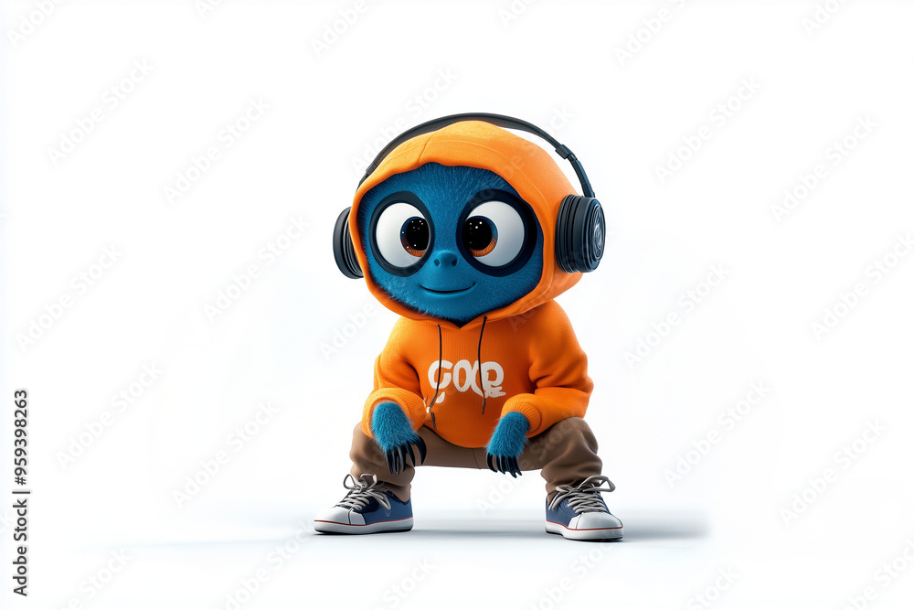 Fototapeta premium Cute blue character wearing orange hoodie and headphones squatting in playful pose 