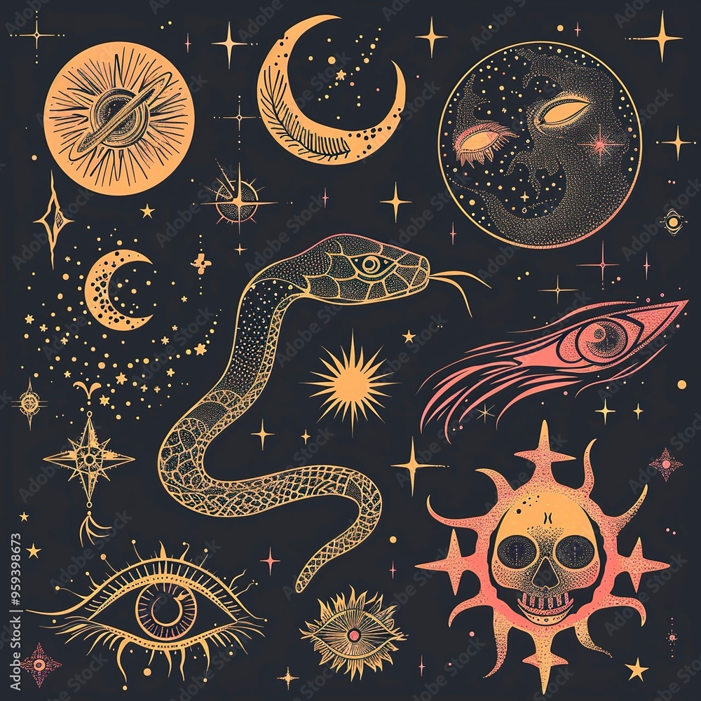 Vector snake set of mystical magic objects- moon, eyes, constellations, sun and stars Vector snake set of mystical magic objects- moon, eyes, constellations, sun and stars