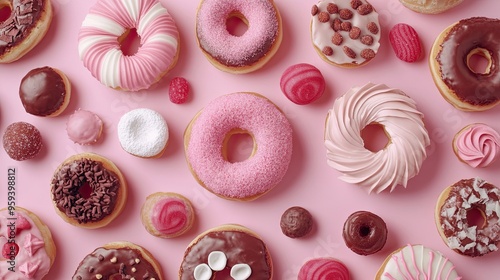 Delicious Donuts, Cakes, and Candies on a Pink Background: Showcases a tempting assortment of donuts, cakes, and candies arranged on a pink background, emphasizing indulgence and sweetness.