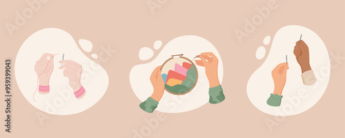 Hands sewing with needle and thread, embroidery in a hoop, tailor at work, sewing tools. Includes needle, thread, sew and tailor hand. Cute cartoon graphic style, flat vector design, hand illustration