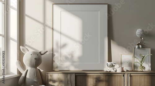 Empty vertical picture frame standing on sideboard in modern child room frame mock up in contemporary style photo