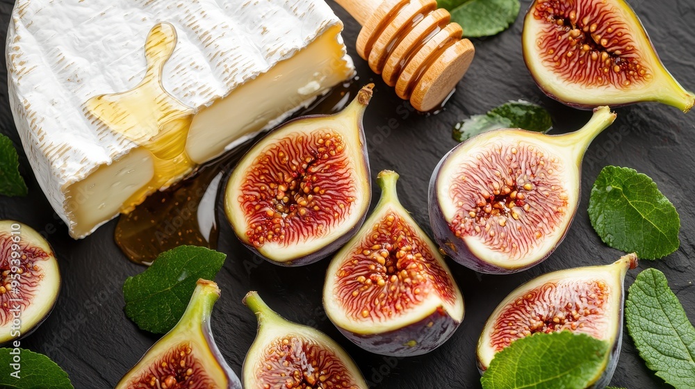 Fresh Figs and Camembert Cheese with Honey Drizzle on Black Slate Fresh Figs and Camembert Cheese with Honey Drizzle on Black Slate