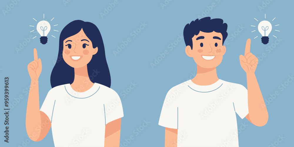 Man and Woman with Lightbulb Idea Sign. Great Idea Concept. Characters with Lightbulb Overhead. Young Smiling People Having a Good Idea. Flat Cartoon Vector Illustration Man and Woman with Lightbulb Idea Sign. Great Idea Concept. Characters with Lightbulb Overhead. Young Smiling People Having a Good Idea. Flat Cartoon Vector Illustration