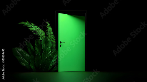 Green Doorway with Tropical Plants and Black Background photo