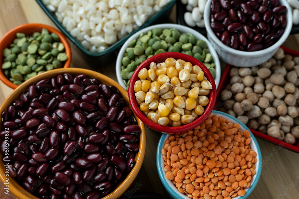 several pots with raw grains for preparing healthy food several pots with raw grains for preparing healthy food
