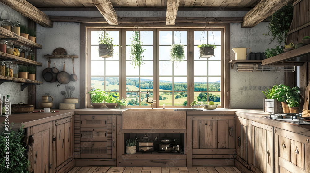 Cozy Rustic Kitchen with Farmhouse Sink and Fresh Herbs Hanging from Ceiling