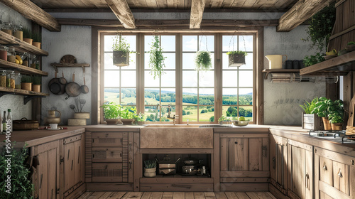 Obraz na płótnie Cozy Rustic Kitchen with Farmhouse Sink and Fresh Herbs Hanging from Ceiling w salonie