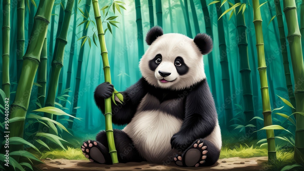 Obraz premium A cute panda bear sits in a bamboo forest, holding a stalk of bamboo.