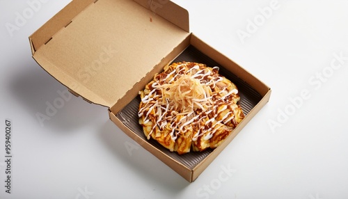 Okonomiyaki in delivery box with white background isolated