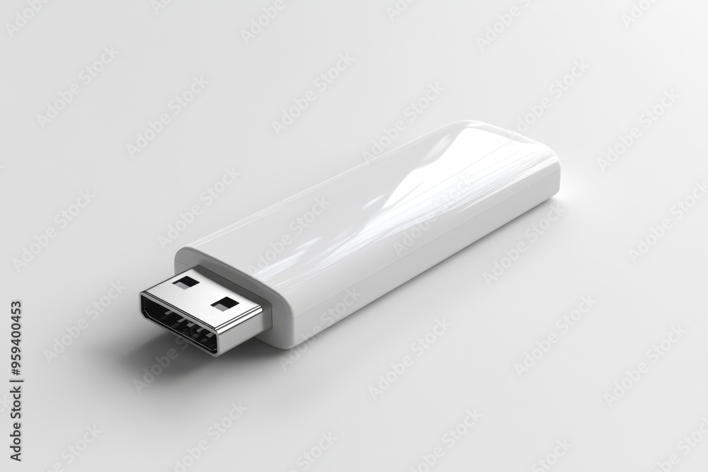 Macro still life of a sleek white USB drive on a white background highlighting its design and details Macro still life of a sleek white USB drive on a white background highlighting its design and details
