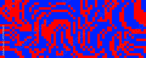 Pixelated curved wavy texture. Red and blue dithered bent lines background. Digitalized warped stripes for banner, poster, flyer, brochure, booklet. Vector rasterized squiggle overlay wallpaper