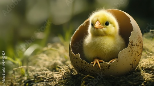 A yellow chick hatching from an egg photo