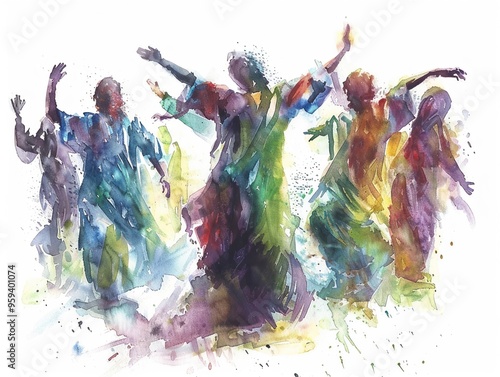 Dynamic watercolor of a Christian dance ministry performance flowing robes and expressive movement