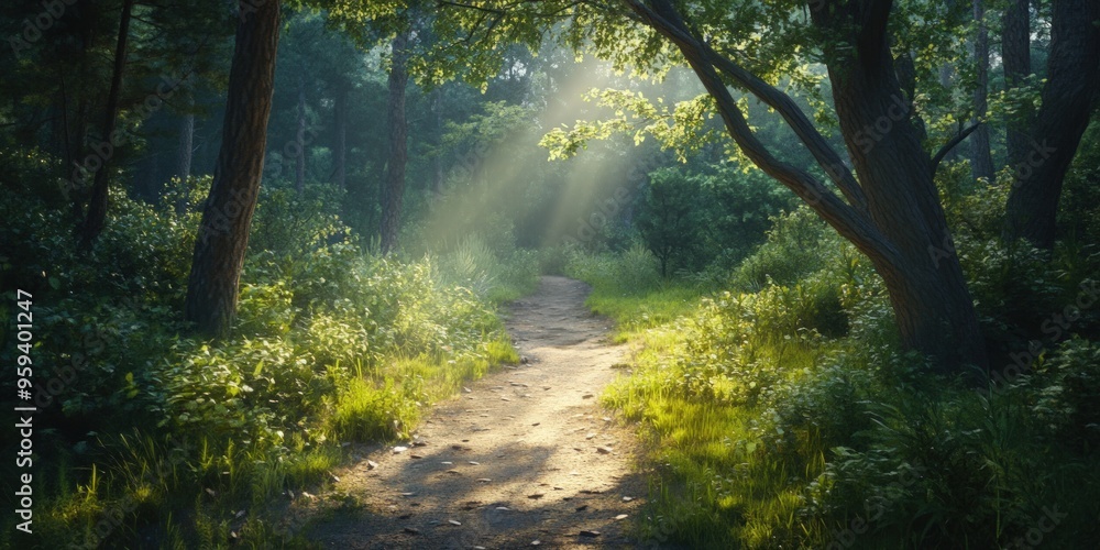 Sunbeams stream through the trees on a path in the woods. Sunbeams stream through the trees on a path in the woods.