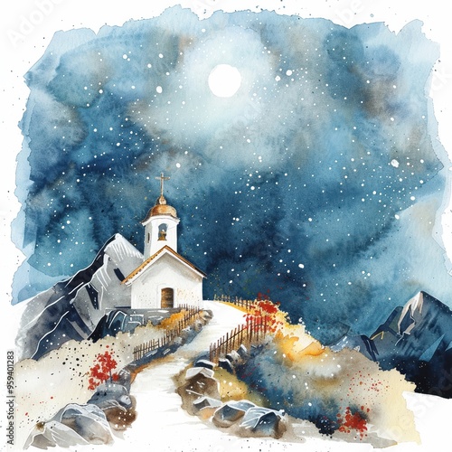 Evocative watercolor of a mountain chapel under the stars a Christian retreat in solitude and majestic nature photo