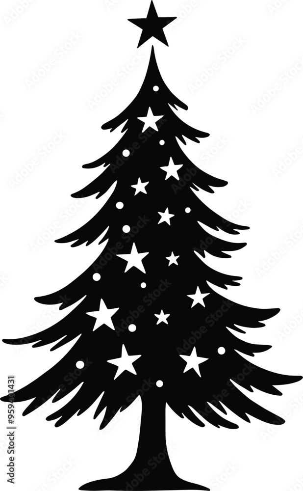 Obraz premium Decorative Christmas Tree Silhouette Black and White with Stars and Solid Black