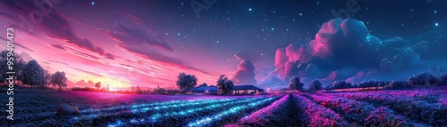 A tilted angle view of a futuristic farm, glowing with bioluminescent crops under a starlit sky, showcasing innovative agricultural methods, vibrant colors, photorealistic detail photo