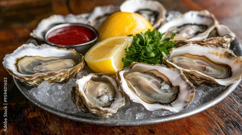 Fresh Oysters on Ice with Lemon and Sauce Fresh Oysters on Ice with Lemon and Sauce