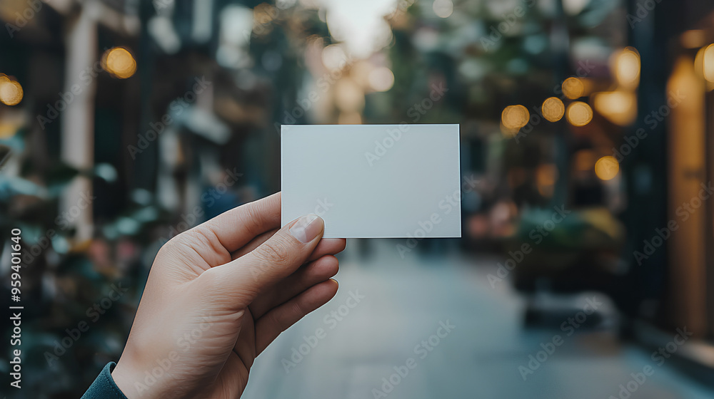 Blank White Business Card Mockup in Hand Blurred Street Background Blank White Business Card Mockup in Hand Blurred Street Background