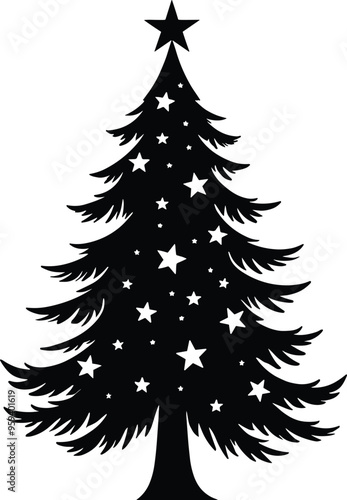 Decorative Christmas Tree Silhouette Black and White with Stars and Solid Black