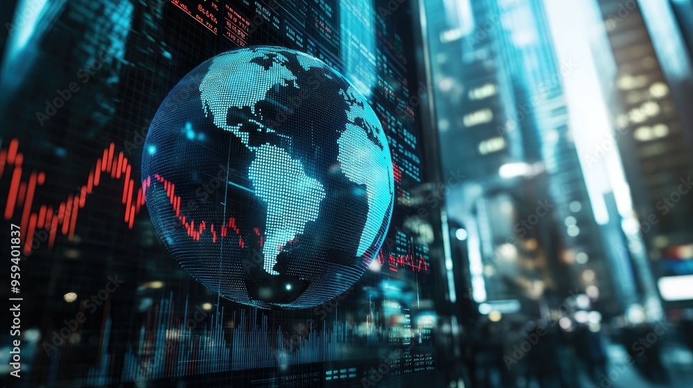 Earth globe integrated into a stock market scene, symbolizing global finance Earth globe integrated into a stock market scene, symbolizing global finance