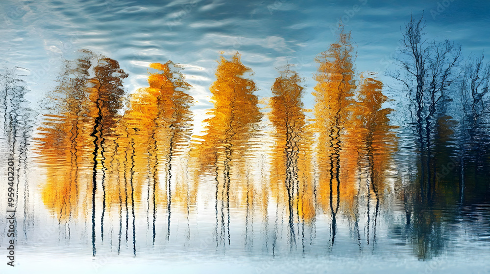 Obraz premium Autumn Trees Reflected in Still Water