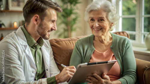 Mental health check for the elderly. Health professional engaging with an elderly woman while discussing care in a bright living room