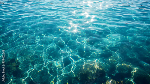 Shimmering tropical sea surface, with calm, transparent waters that reveal coral below