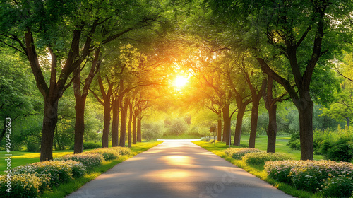 Sunlit Pathway Through Green Trees and Flowers