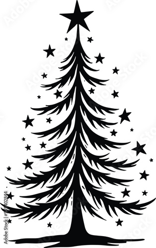 Decorative Christmas Tree Silhouette Black and White with Stars and Solid Black