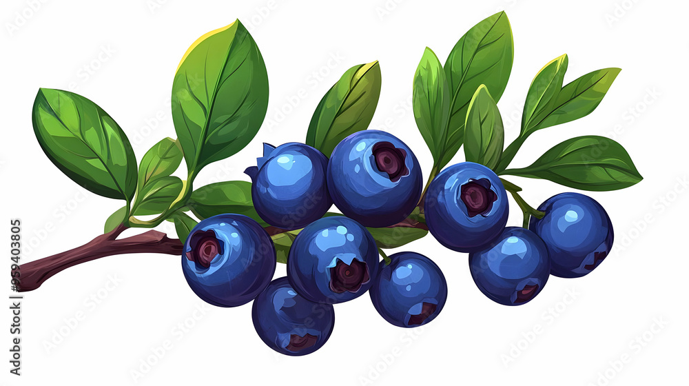 Fresh Blueberries on Branch with Green Leaves Fresh Blueberries on Branch with Green Leaves