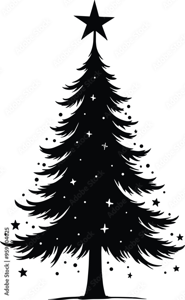 Obraz premium Decorative Christmas Tree Silhouette Black and White with Stars and Solid Black