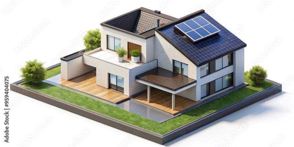 Isometric of a modern smart home with solar panels, smart home, technology Isometric of a modern smart home with solar panels, smart home, technology