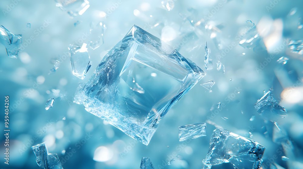 Shattered Ice Cube on Blue Background Shattered Ice Cube on Blue Background