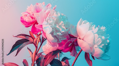 Fototapeta Naklejka Na Ścianę i Meble -  flowers peonies on pink and blue background