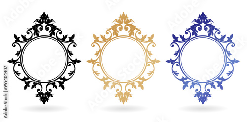 circle frame mirror with ornament three colors isolated white backgrounds for design in Eastern style, place for text, Floral blue border. Lace illustration invitations and greeting cards, stationery